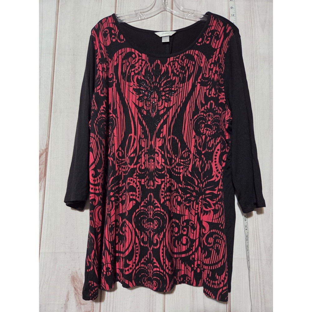 CJ Banks Tunic Ladies 1x 3/4 Sleeve Black Red Embellished Pattern Gothic